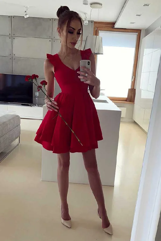 Sexy Red Satin Sleeveless A Line V Neck Homecoming Dresses Cowl Neckline Elegant