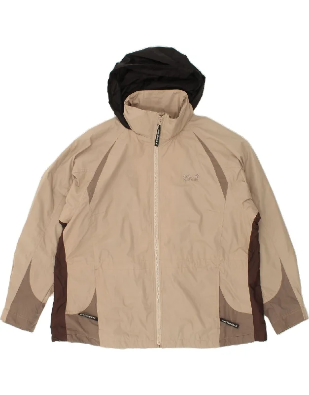 JACK WOLFSKIN Womens Hooded Rain Jacket UK 14/16 Large Beige Colourblock Snapped Jacket Toggled Jacket Drawstring Jacket