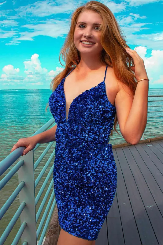 Sparkly Royal Blue V Neck Backless Sequins Short Homecoming Dresses Tunics Distressed trendy Sparkly Royal Blue V Neck Backless Sequins Short Homecoming Dresses Tunics Distressed trendy