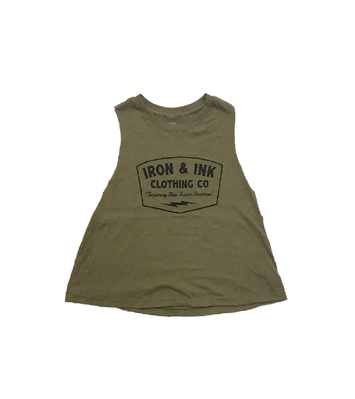 Ladies Future Greatness Racerback Crop Tank Top- Heather Olive Green sage tank top