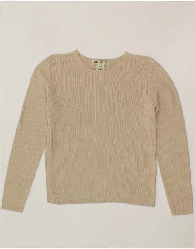 EDDIE BAUER Womens Boat Neck Jumper Sweater UK 6 XS Beige Cotton Houndstooth Herringbone Solid