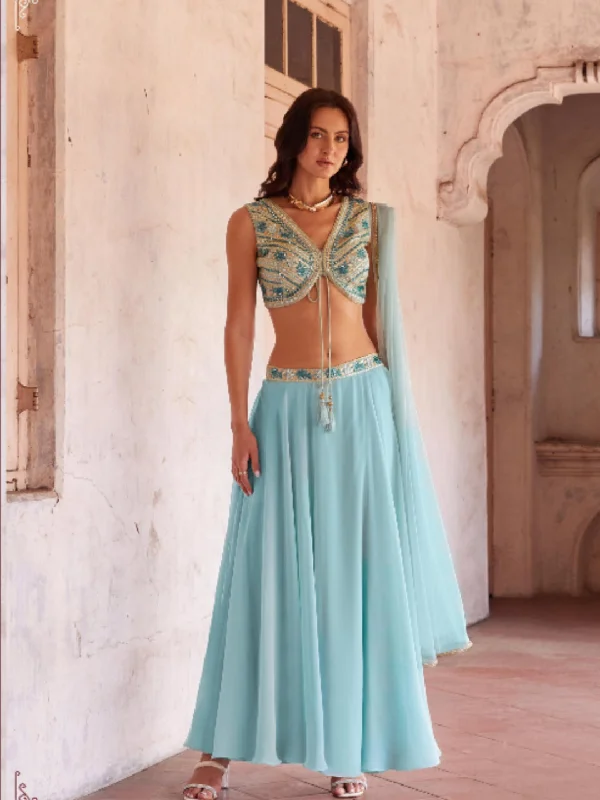 Sky blue Embellished Crop Top And Palazzo Set With Jacket - Rent Cotton Fabric Linen Fabric Terry Fabric