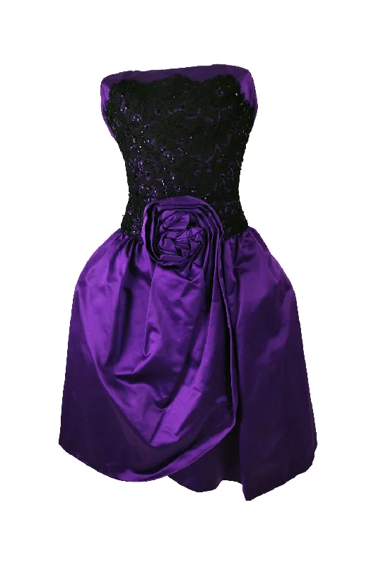 Murray Arbeid Vintage Purple Satin & Black Lace Evening Dress, 1980s Tunics Trendy modern Murray Arbeid Vintage Purple Satin & Black Lace Evening Dress, 1980s Tunics Trendy modern