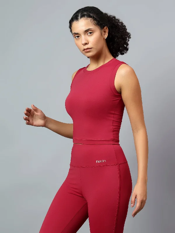Fitkin Women Wine Fitted Crop Tank slim fit tank