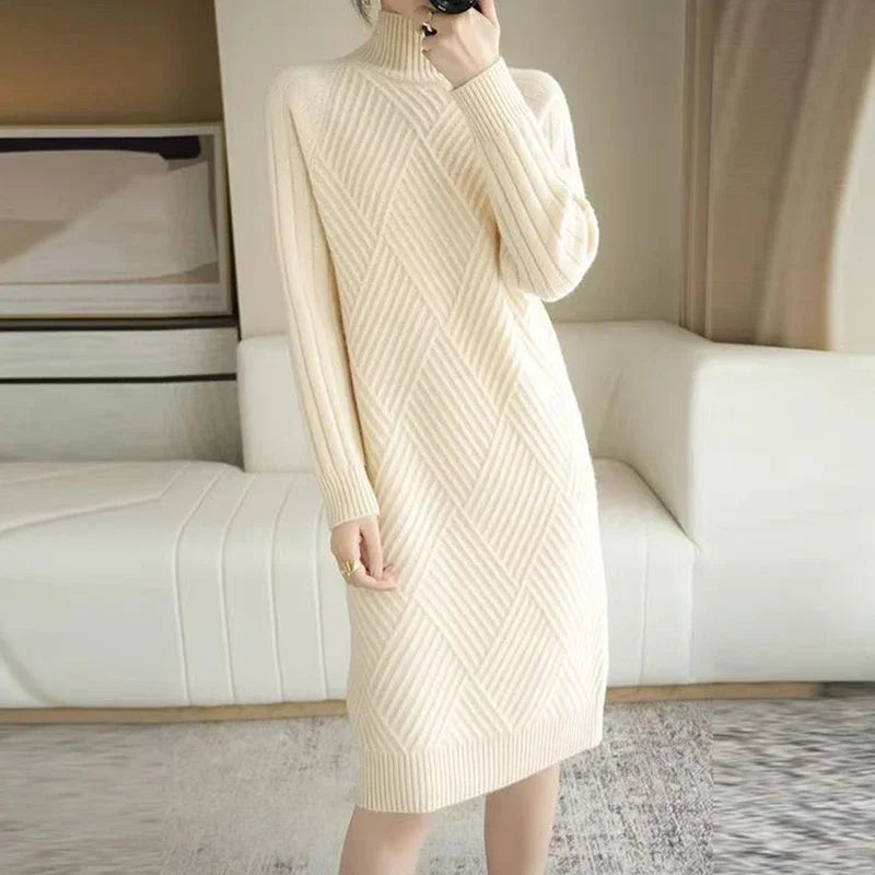 Abrini Autumn Winter Women Wool sweater Dress Mock Neck Ribbed Solid Knit Dresses Elegant Lady Party Bottoming Cashmere Vestidos Houndstooth Herringbone Solid