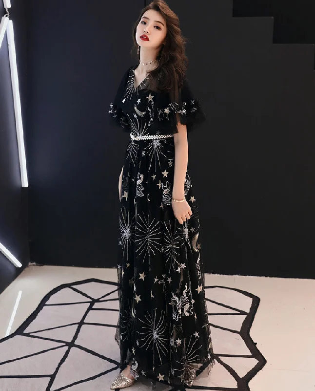 Ladies V-neck temperament black fairy  long dress Tunics Fall fleece