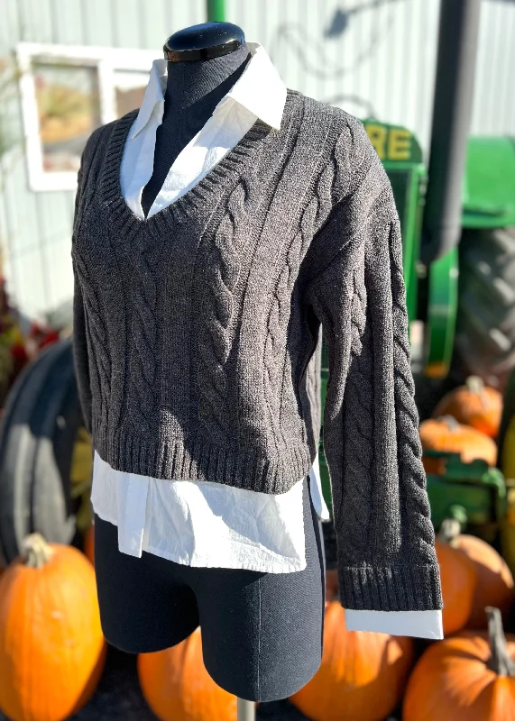 GRAY PREPPY CABLE KNIT SWEATER SHIRT TOP Chenille Fabric Brocade Fabric Lace Fabric