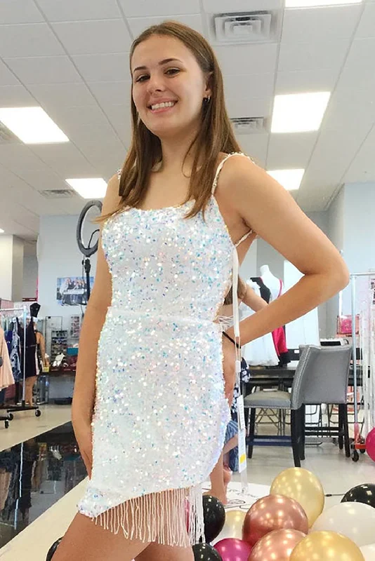 Cute White Sequins Spaghetti Straps Backless Short Homecoming Dresses Tunics Travel practical Cute White Sequins Spaghetti Straps Backless Short Homecoming Dresses Tunics Travel practical