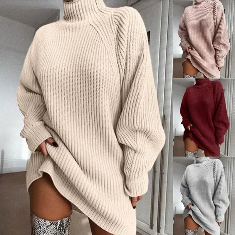 Autumn and Winter New Women's Knitted Sweater, Mid To Long Semi High Neck Women's Sweater Dress, Fashionable Women's Clothing Modern Contemporary Chic