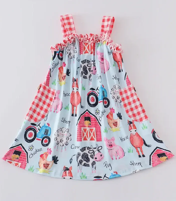 BLUE FARM ANIMALS GIRL DRESS Tunics Print Colorful