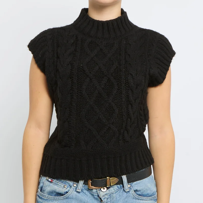 Cable Knit Sweater Vest - UK 12 Cashmere Blend Cotton Blend Poly Blend