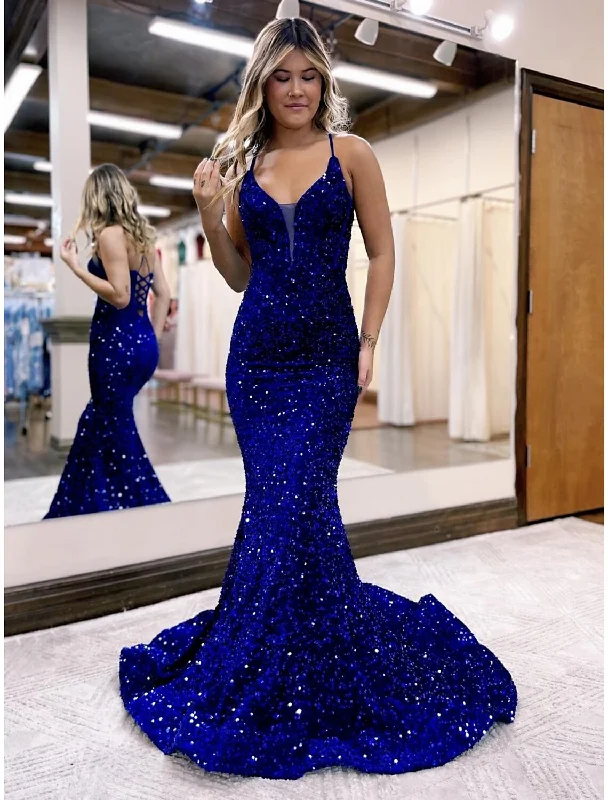 Mermaid / Trumpet Evening Gown Sparkle & Shine Dress Formal Prom Court Train Sleeveless V Neck Sequined Backless with Sequin Tunics Trousers formal