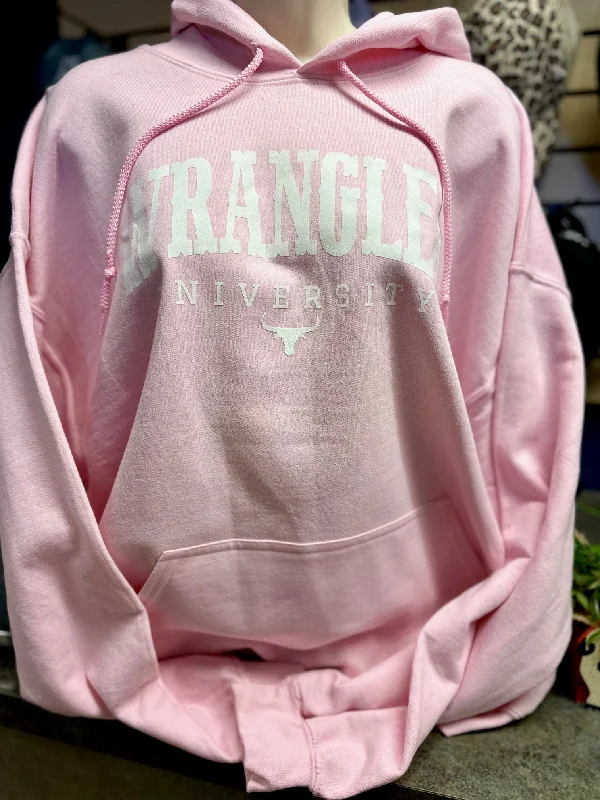 Wrangler University Graphic Pink Hoodie Sweatshirt Hoodie with Slit Hem Functional Movement