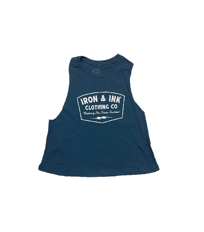 Ladies Future Greatness Racerback Crop Tank Top- Heather Deep Teal coral tank top