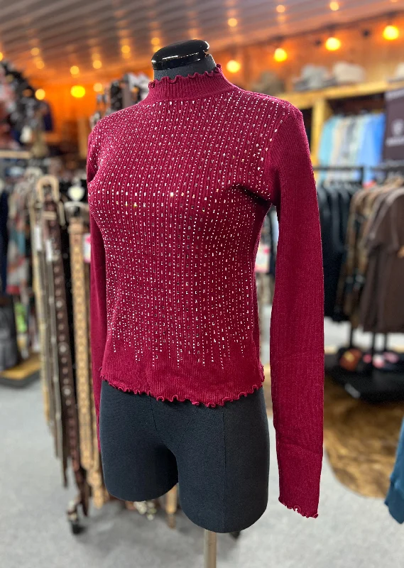 Cranberry Red Crystal Front Turtleneck Sweater Cashmere Blend Cotton Blend Poly Blend