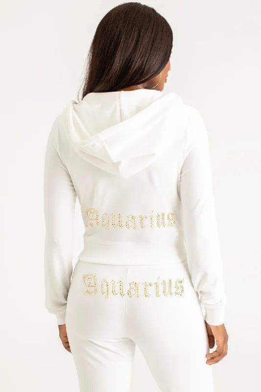 Aquarius Big Bling Velour Hoodie Hoodie with Hem Embroidery Detailed Premium