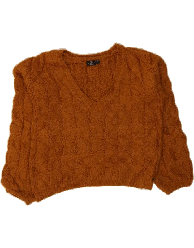 VOLCOM Womens Oversized Crop V-Neck Jumper Sweater US 0/2 XS Brown Acrylic Cable Knit Ribbed Knit Lace Knit