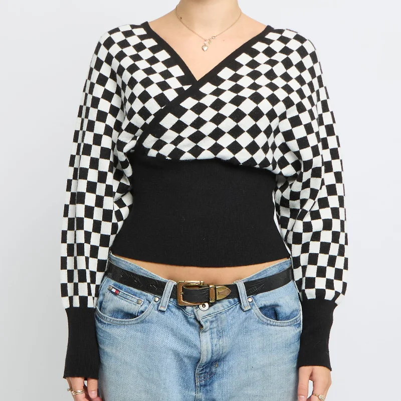 Checked V-Neck Wrap Style Sweater - UK 6 Embroidered Appliqued Beaded