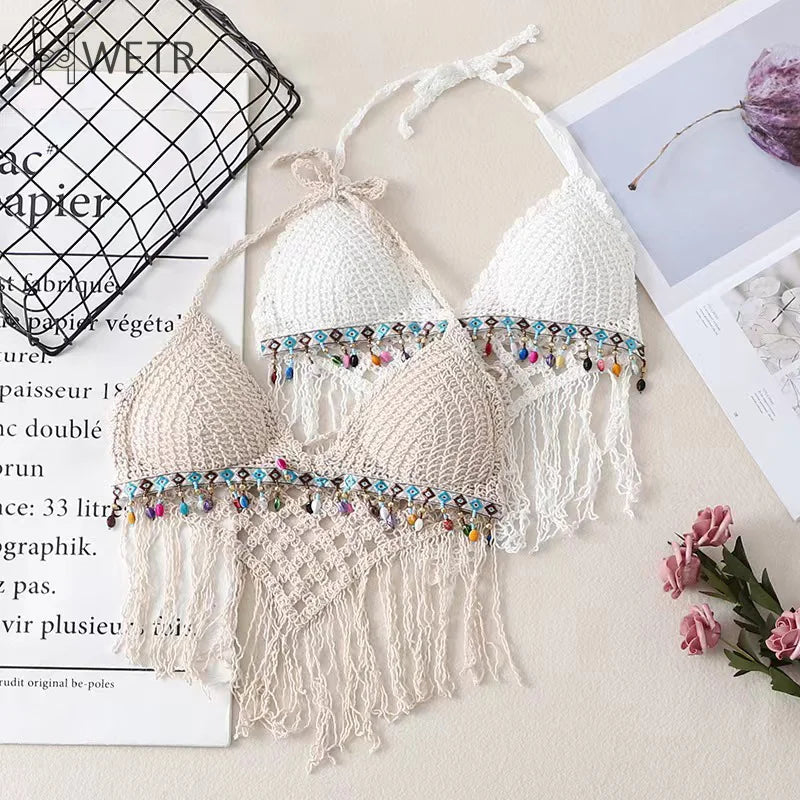Summer Bohemia Hollow Out Halter Tassel Knitted Camisole Women Sexy V Neck Sleeveless Tank Top graphic tank top