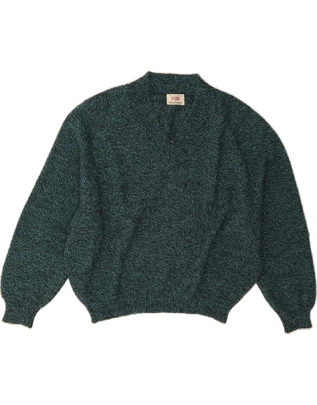SISLEY Womens Relaxed Elegance V-Neck Jumper Sweater UK 10 Small Green Jersey Fabric Tulle Fabric Batik Fabric