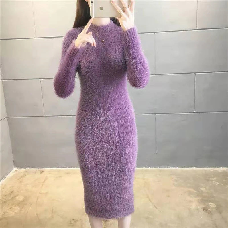 Women's Winter Clothing 2024 Imitation Mink Wool Thick Warm Turtleneck Sweater Dress Sheath Bodycon Dresses For Women Casual Collared Crew Neck Turtle Neck