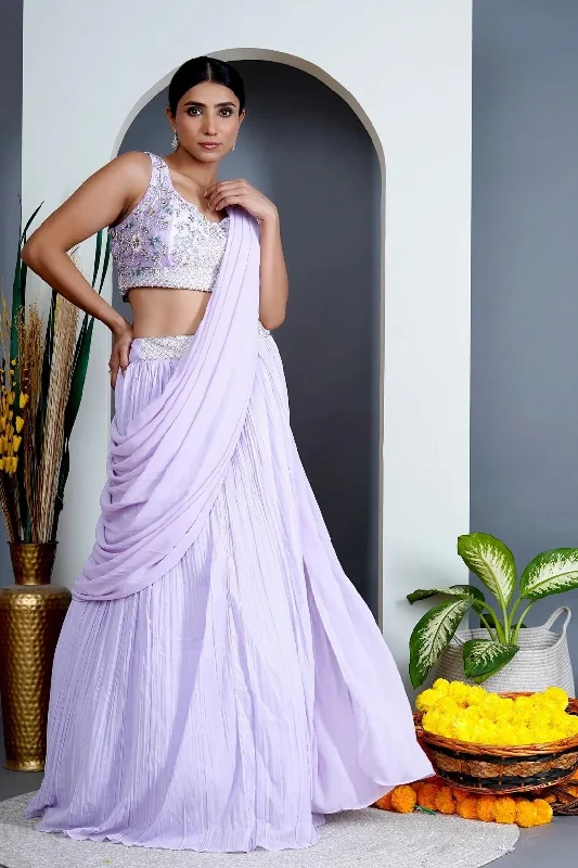 Lavender Georgette Draped Jacket Saree Set - Rent Jersey Jacket Tulle Jacket Batik Jacket