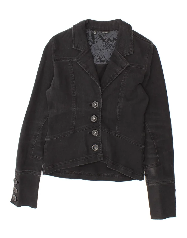 HURLEY Womens Denim Jacket UK 8 Small Black Cotton Boat Neck Shawl Collar Notched Collar