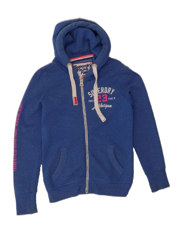 SUPERDRY Womens Track&Field Zip Hoodie Sweater UK 14 Medium Blue Flecked Beaded Sweater Sequined Faux Fur