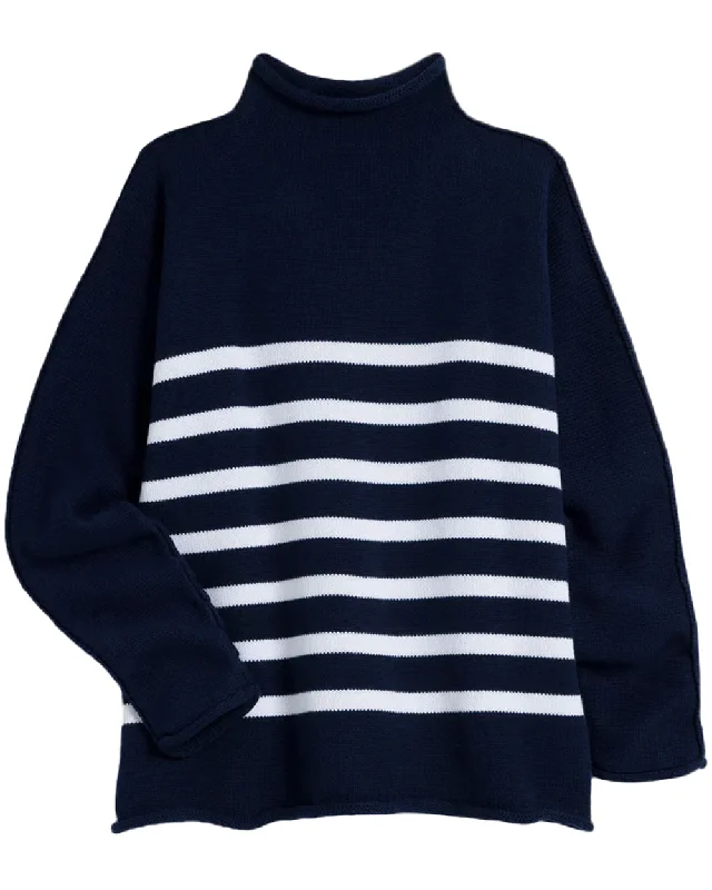 Navy and White Stripe Knit Monterey Sweater Cashmere Blend Cotton Blend Poly Blend