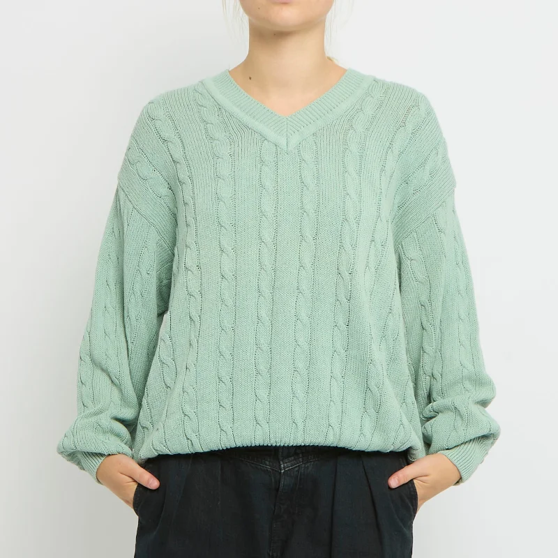 Benetton Cable Knit V-Neck Sweater - UK 14 Spandex Rayon Corduroy