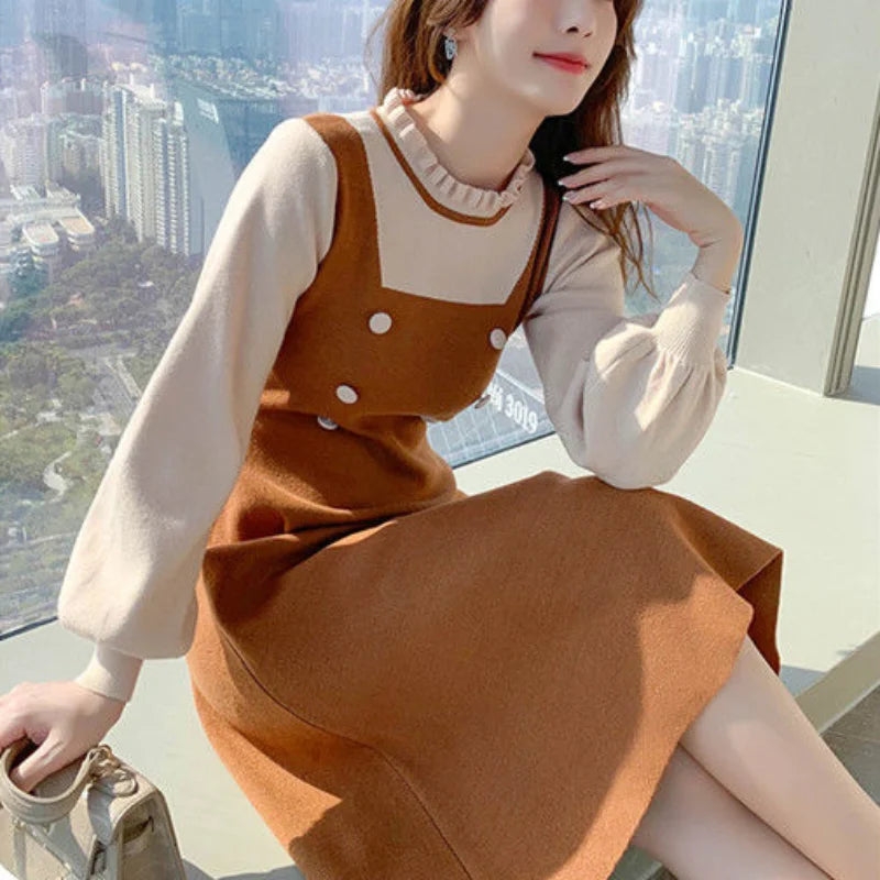 Crochet Sweater Dress Woman Vintage Loose Autumn Winter 2023 Knitted Casual Midi Long Sleeve Dresses Ladies Yellow Korean Style Ribbed Striped Patterned