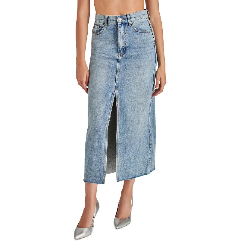 Steve Madden Womens Avani High Rise Denim Midi Skirt cashmere skirt fine