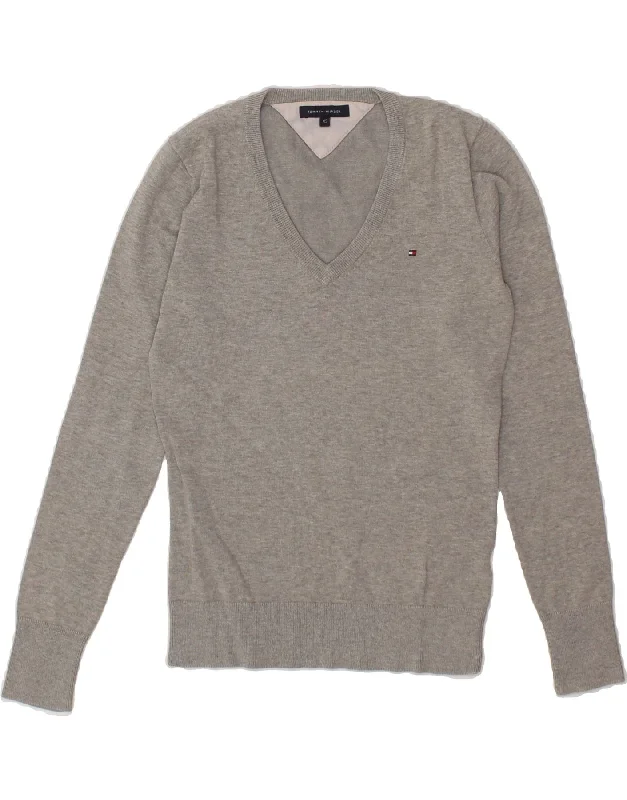 TOMMY HILFIGER Womens V-Neck Jumper Sweater UK 6 XS Grey Soft Cozy Warm