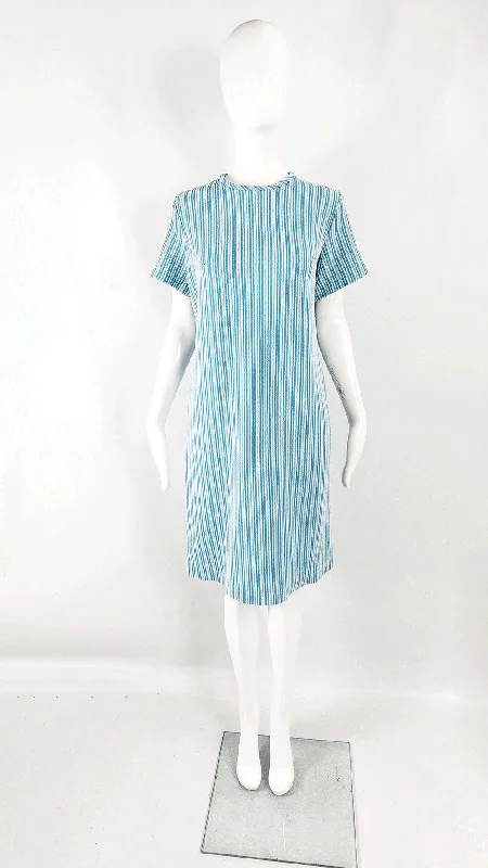 Vintage Blue & White Textured Polyester Mod Shift Dress, 1960s Tunics Polka dots
