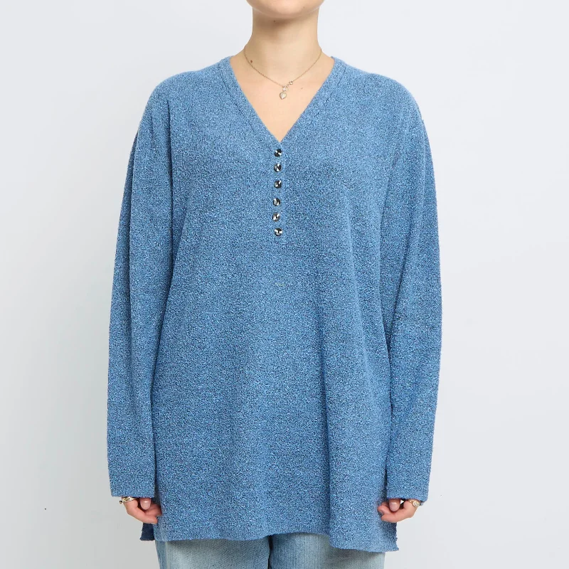 Fluffy Knit V-Neck Sweater - UK 12 Solid Print Embellished