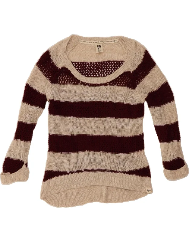 ROXY Womens Crop Boat Neck Jumper Sweater UK 12 Medium Beige Striped Machine Wash Dry Clean Hand Wash
