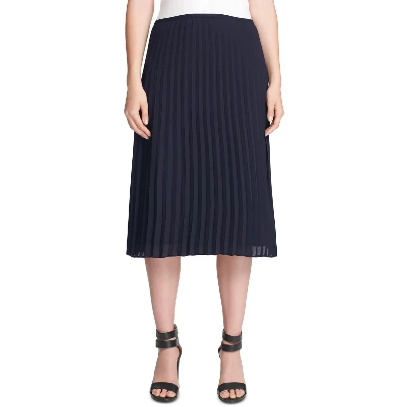 DKNY Womens Petites Chiffon Pleated Midi Skirt button skirt front