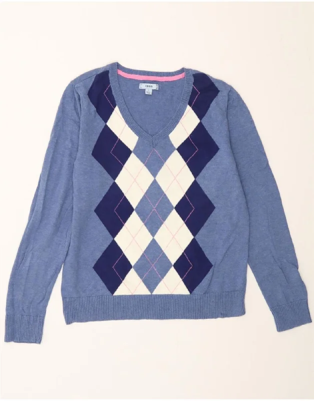 IZOD Womens V-Neck Jumper Sweater UK 14 Large Blue Argyle/Diamond Cotton Soft Cozy Warm