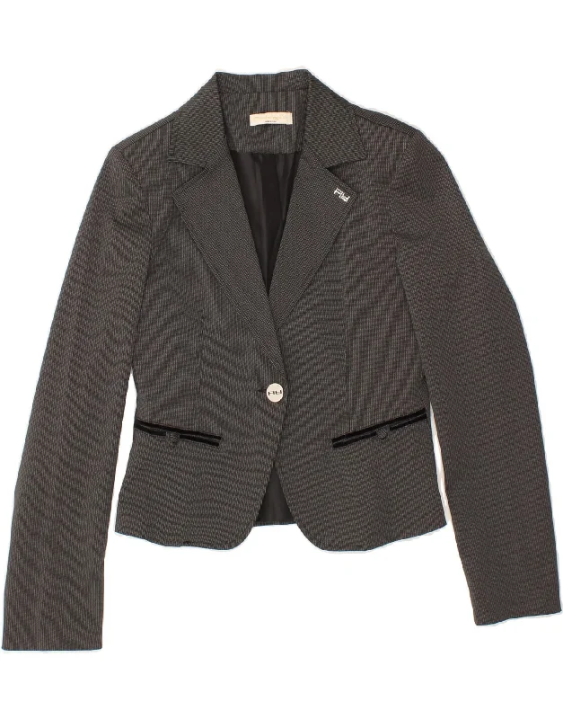 VINTAGE Womens 1 Button Crop Blazer Jacket IT 44 Medium Grey Pinstripe Rayon Fabric Velvet Fabric Corduroy Fabric