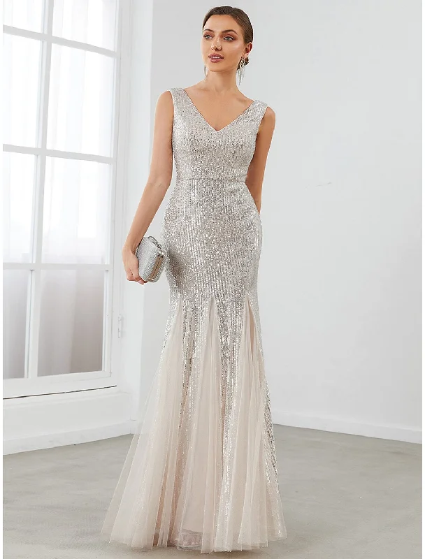 Mermaid / Trumpet Evening Gown Sparkle & Shine Dress Formal Evening Floor Length Sleeveless V Neck Sequined V Back with Sequin Pure Color Crew Neckline Casual