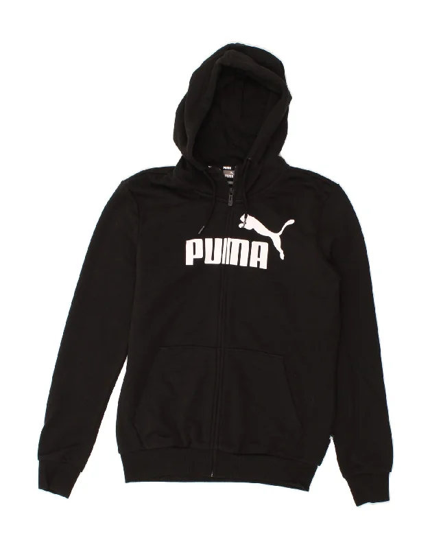 PUMA Womens Graphic Zip Hoodie Sweater UK 10 Small Black Stretchy Elastic Breathable