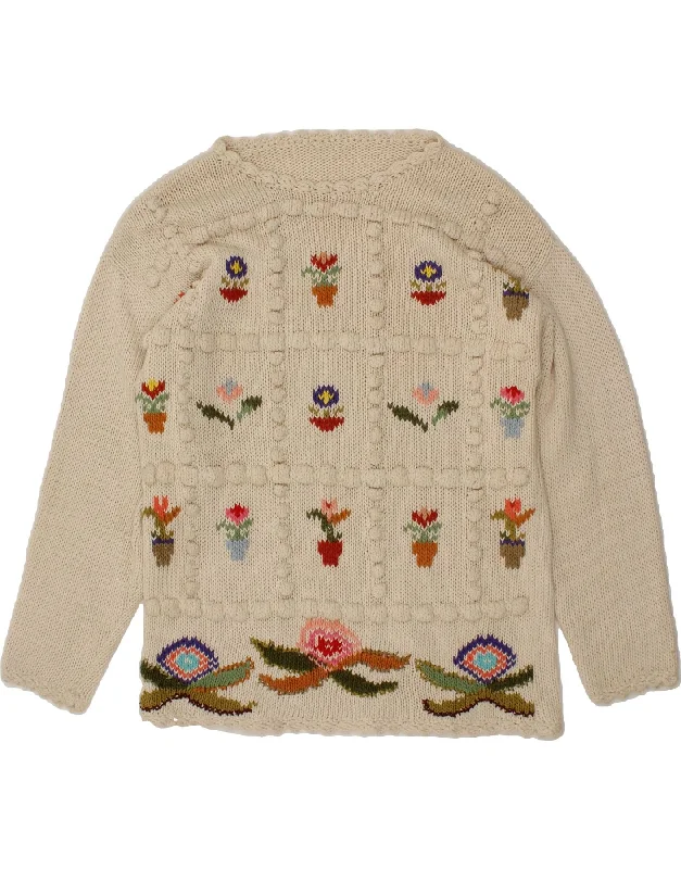 VINTAGE Womens Boat Neck Jumper Sweater UK 16 Large Off White Floral Sequined Glittery Shiny