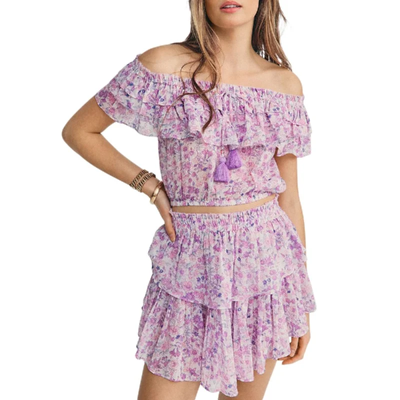 LoveShackFancy Womens Floral Ruffle Mini Skirt denim skirt fashionable