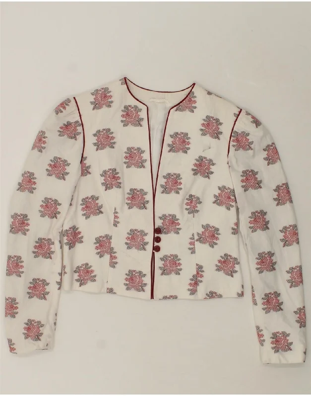 VINTAGE Womens Crop 3 Button Blazer Jacket UK 12 Medium White Floral Boat Neck Shawl Collar Notched Collar VINTAGE Womens Crop 3 Button Blazer Jacket UK 12 Medium White Floral Boat Neck Shawl Collar Notched Collar