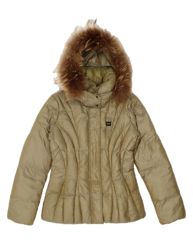 BLAUER Womens Hooded Padded Jacket UK 14 Large Beige Polyester Cardigan Sweater Pullover