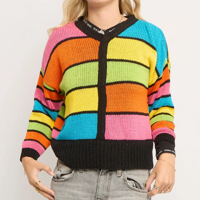 Striped V-Neck Heavy Knit Sweater - UK 12 Mesh Blend Leather Blend Suede Blend