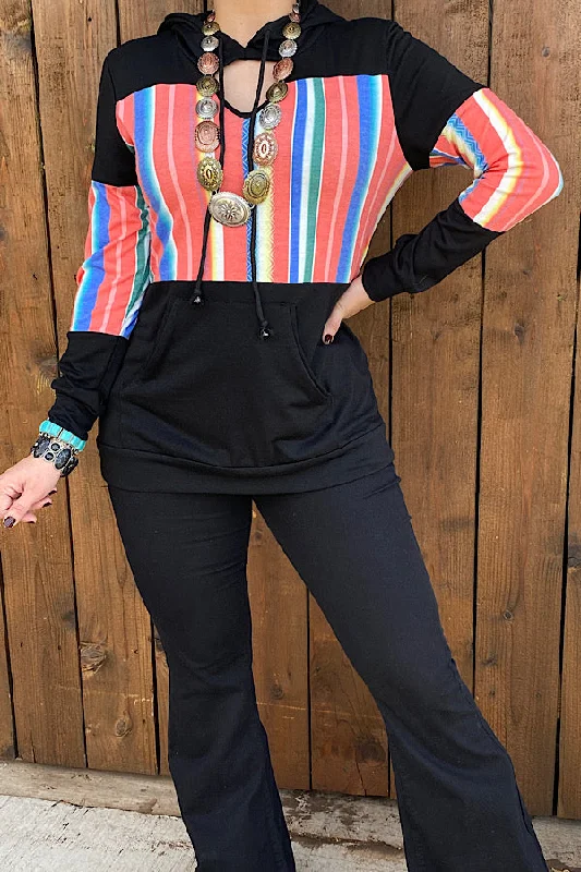 GJQ8267 Black serape color block hoodie w/keyhole neckline Hoodie with Slit Hem Functional Movement