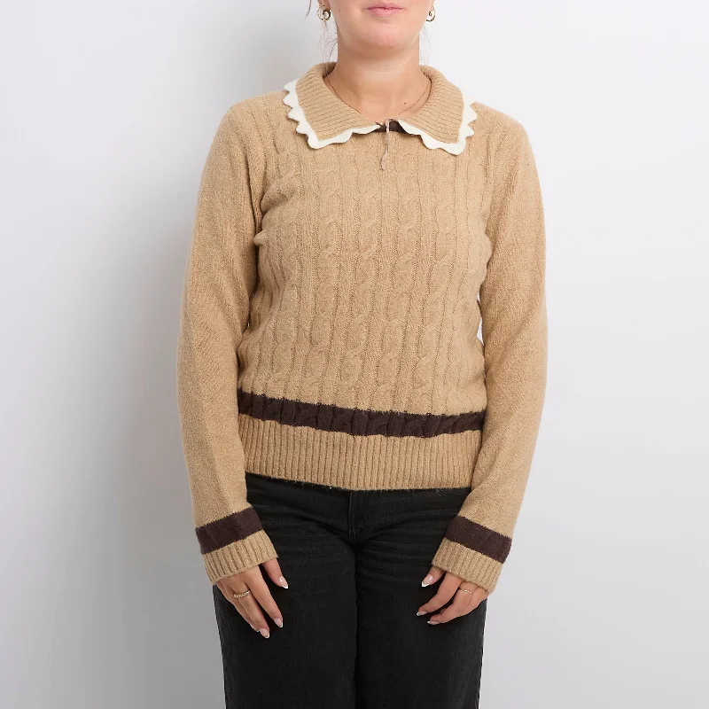 Cable Knit Striped Heavy Knit Sweater - UK 12 Graphic Sweater Embroidered Appliqued