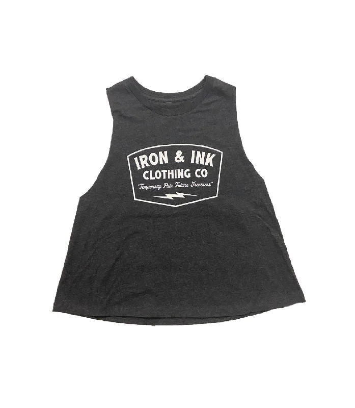 Ladies Future Greatness Racerback Crop Tank Top- Heather Dark Grey teal tank top
