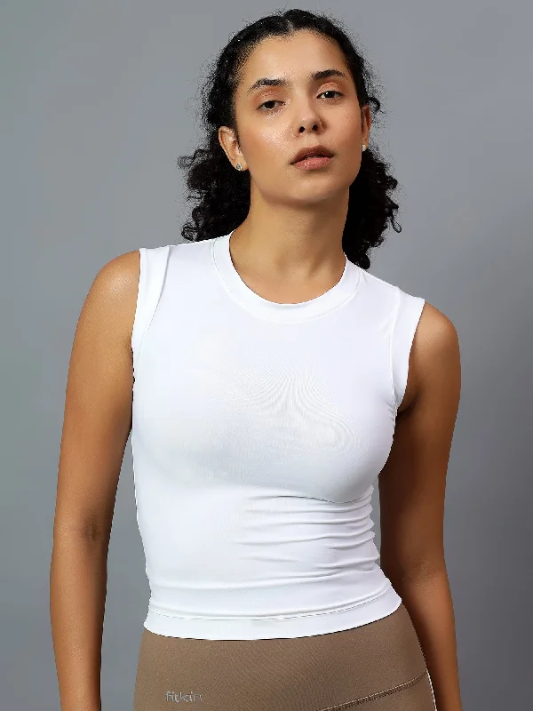 Fitkin Women White Fitted Crop Tank cotton tank top